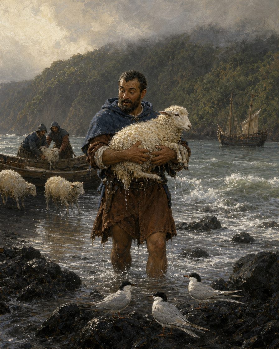 Pintura de ovelhas postas em terra numa ilha dos Açores ainda sem gente, com as aves mansas de que fala a legenda do globo de Martim Behaim (figuras genéricas).