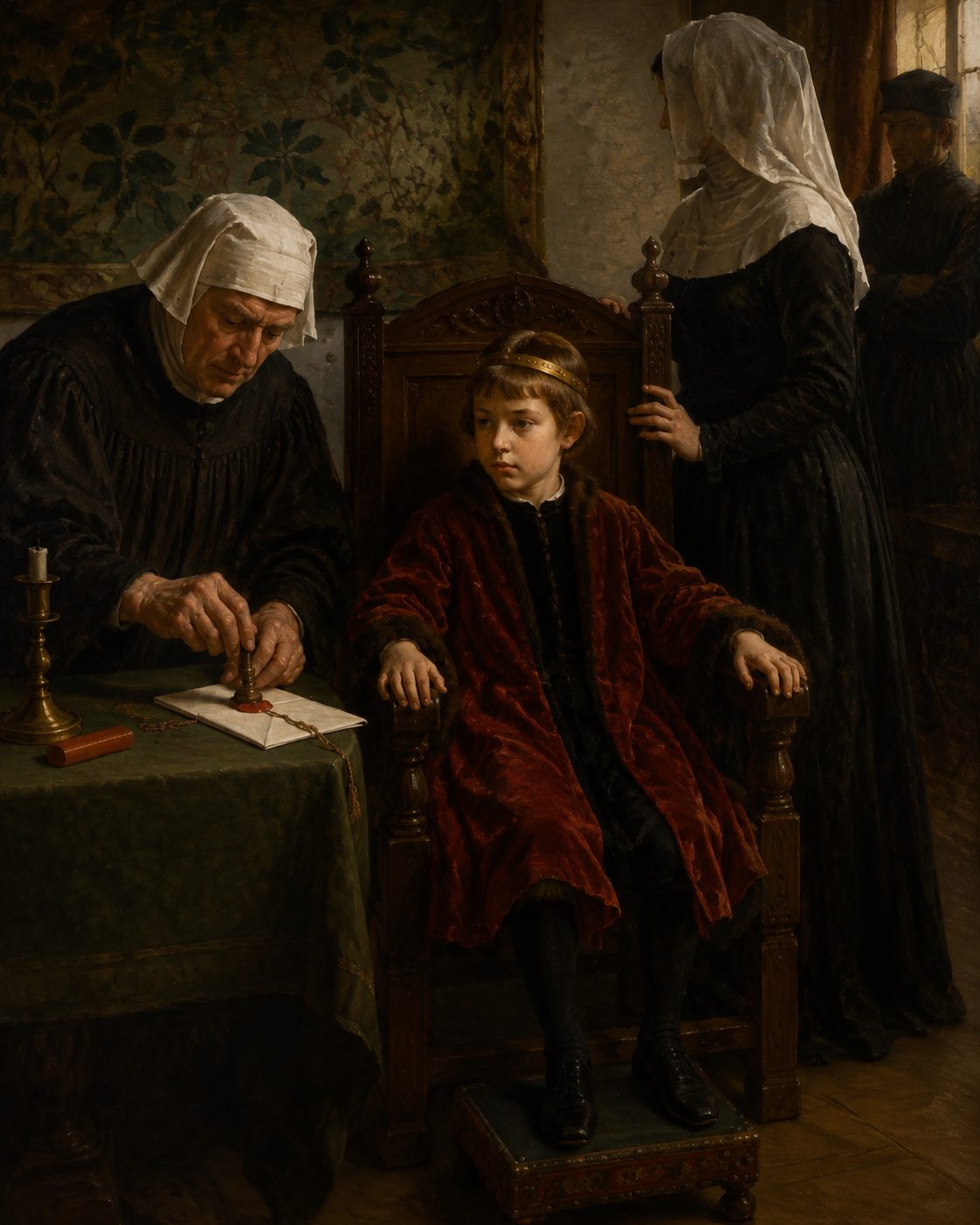 Evocação pintada da licença régia de 2 de julho de 1439, passada em nome de D. Afonso V, então com sete anos, com a autoridade da rainha sua mãe (figuras genéricas, não retratos).