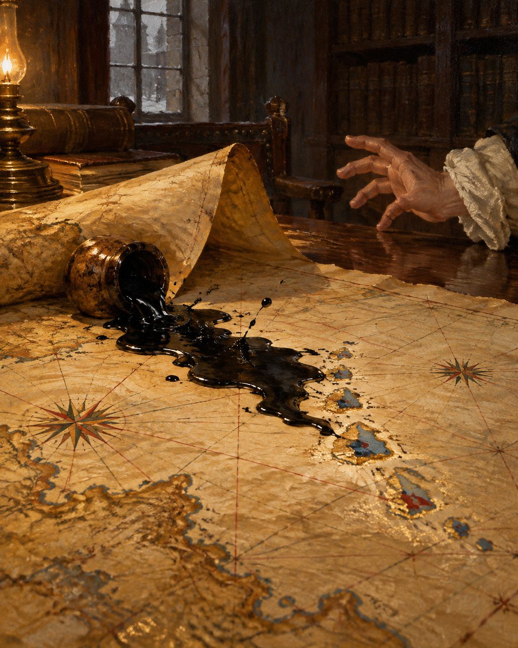 Pintura do tinteiro de cortiça que um criado pousou num canto do mapa de Gabriel de Vallseca, em Palma, no inverno de 1838 para 1839, no momento em que o pergaminho se enrola e o entorna, como contou George Sand.