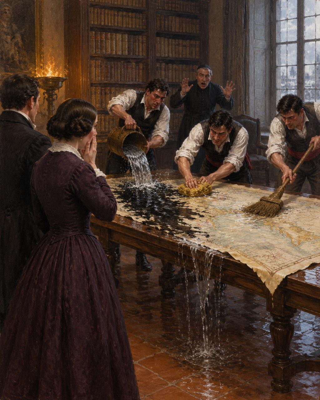Pintura dos criados a lavar o mapa de Vallseca com baldes, esponjas e vassouras, na biblioteca do conde de Montenegro, em Palma, como contou George Sand, que assistiu com quem a acompanhava (figuras genéricas).