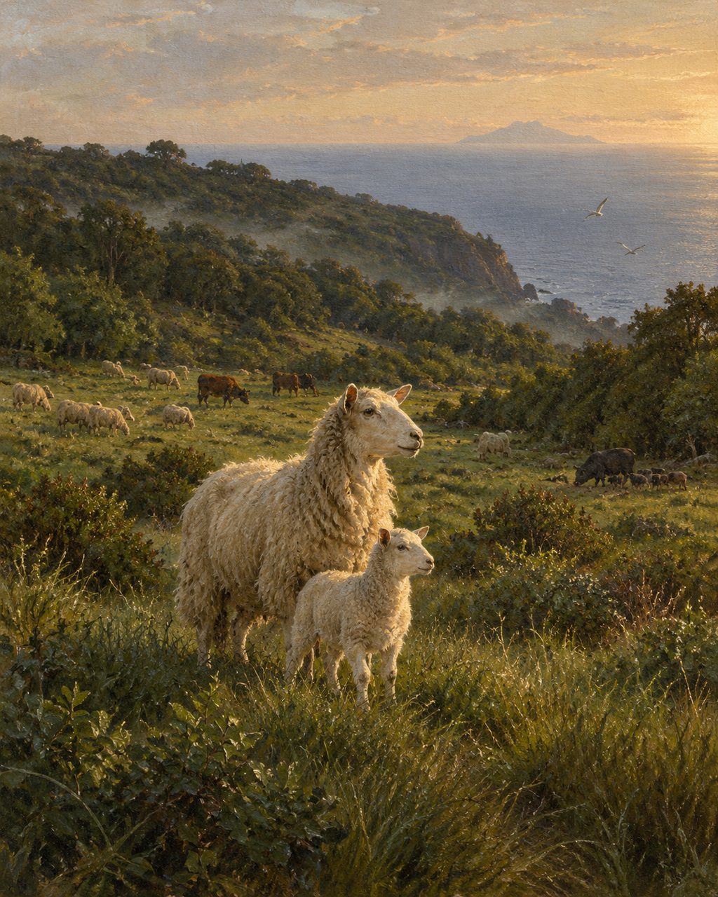 Pintura de ovelhas, vacas e porcos numa ilha dos Açores ainda sem povoadores, os animais que os cronistas dizem terem sido lançados nas ilhas.