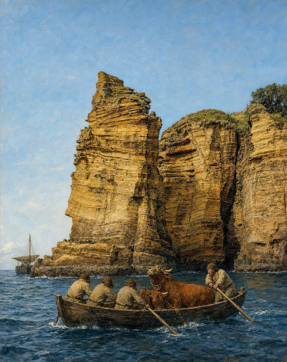 Pintura de gado levado de barco junto ao ilhéu de Vila Franca do Campo, em São Miguel, a ilha de onde, conta Diogo Gomes, todos os anos se trazia gado para Portugal. A partir de uma fotografia real de bDom (CC BY 2.0).