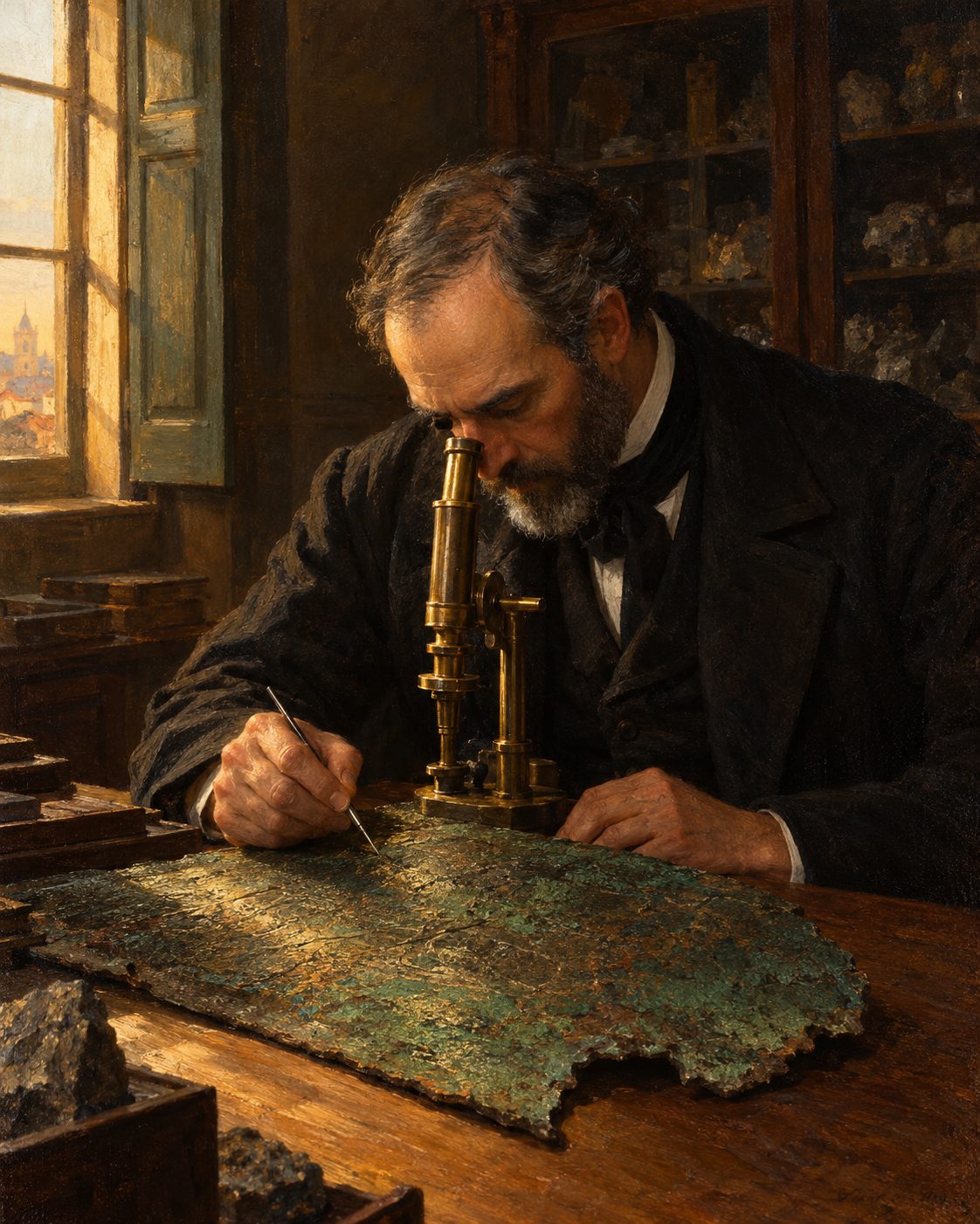 Evocação pintada da leitura da tábua de bronze em Lisboa, em 1876: Estácio da Veiga, conta ele, desencravou com microscópio e buril as letras que a prova em papel não mostrava, e continuou sozinho (figura genérica, não retrato).