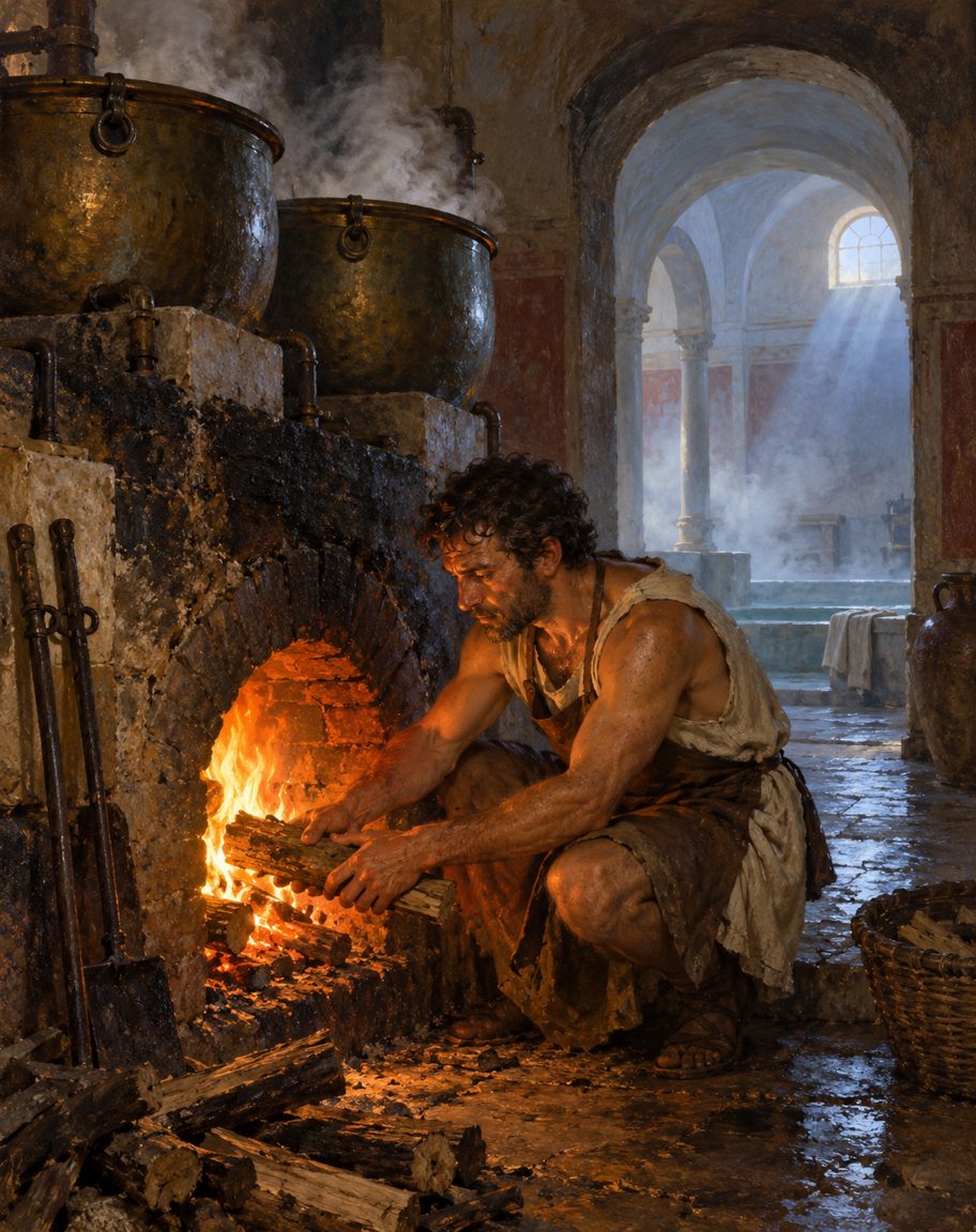 Evocação pintada dos banhos de Vipasca ao romper do dia: o regulamento obrigava o rendeiro a aquecê-los todos os dias à sua custa e a lavar, esfregar e untar as caldeiras de trinta em trinta dias (figura genérica, não retrato).