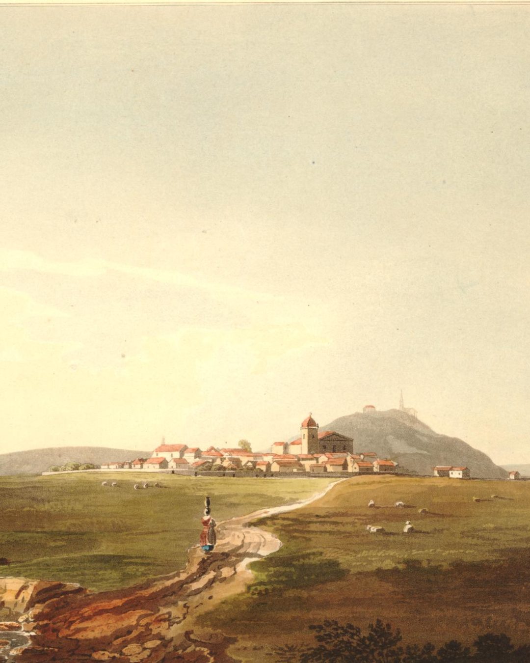 Aljustrel vista de nascente, gravura colorida a partir de George Landmann, publicada em Londres em 1814 (Museu Britânico, via Wikimedia Commons, domínio público). Os romanos chamavam a este povoado mineiro Vipasca.