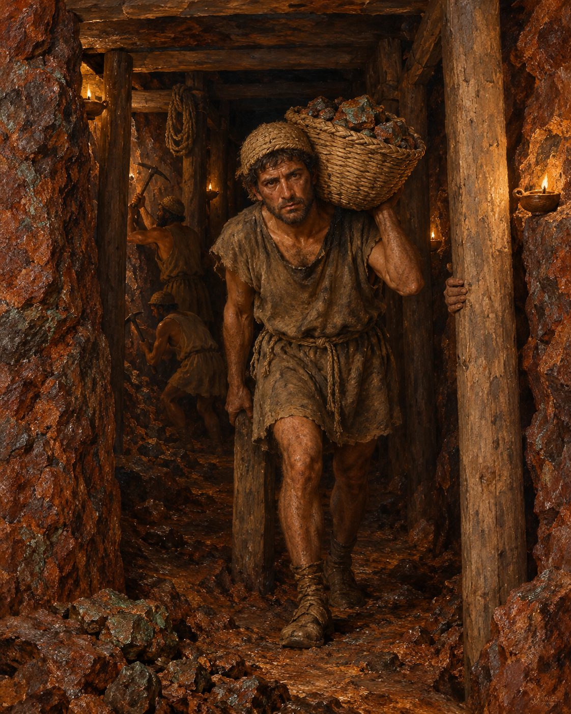 Evocação pintada de uma galeria romana em Vipasca. A segunda tábua, do reinado de Adriano, mandava ter os poços bem escorados e proibia tocar nos pilares deixados para segurança. Na mina trabalhavam escravos e assalariados; o cesto e o gorro de esparto são como os que a escombreira dos Algares guardou (figuras genéricas, não retratos).