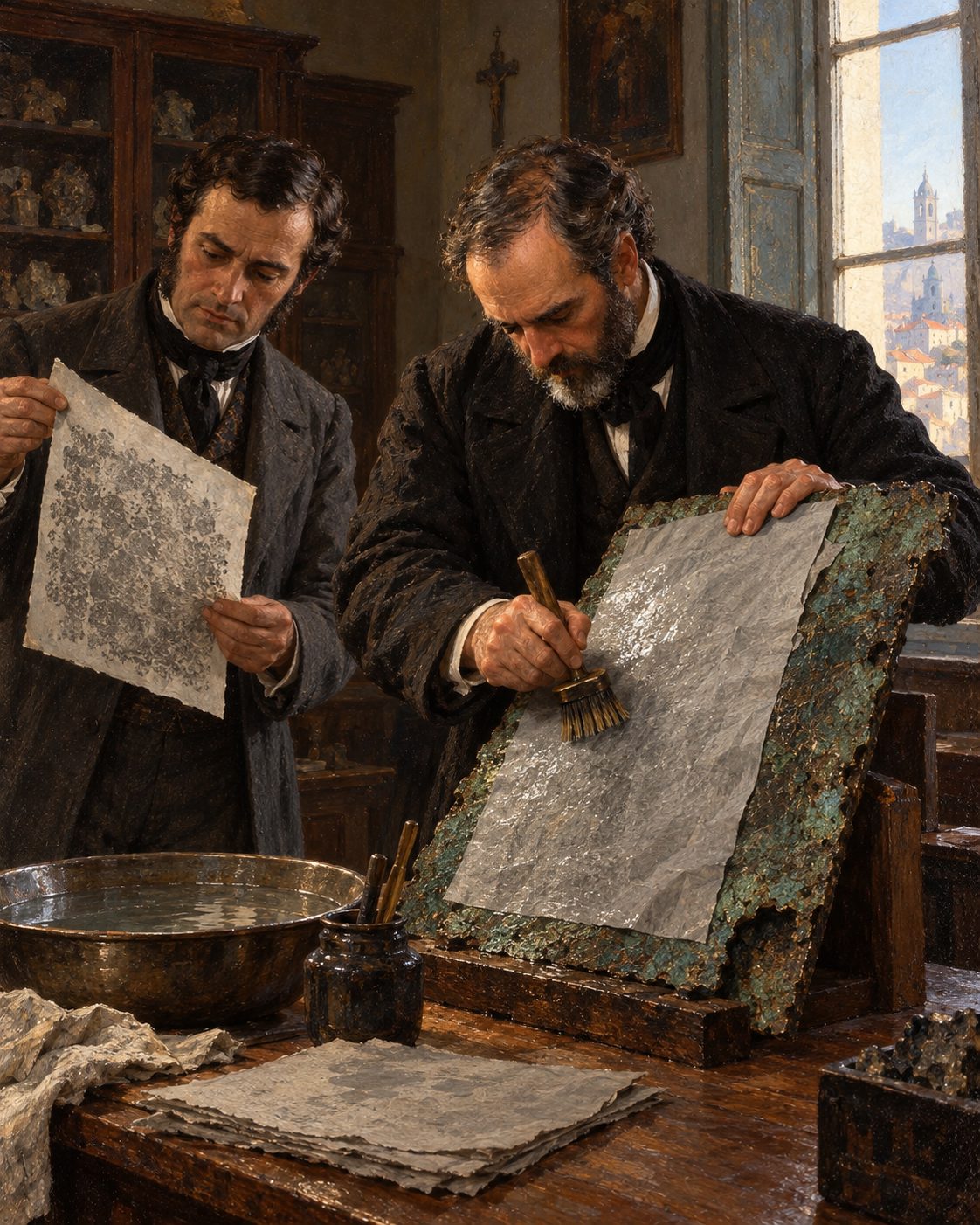 Evocação pintada de uma cena de 1876, numa sala da Comissão Geológica, no andar de cima do edifício da Academia Real das Ciências: Estácio da Veiga e Augusto Soromenho tiram provas do bronze em papel molhado e batido à escova (figuras genéricas, não retratos).