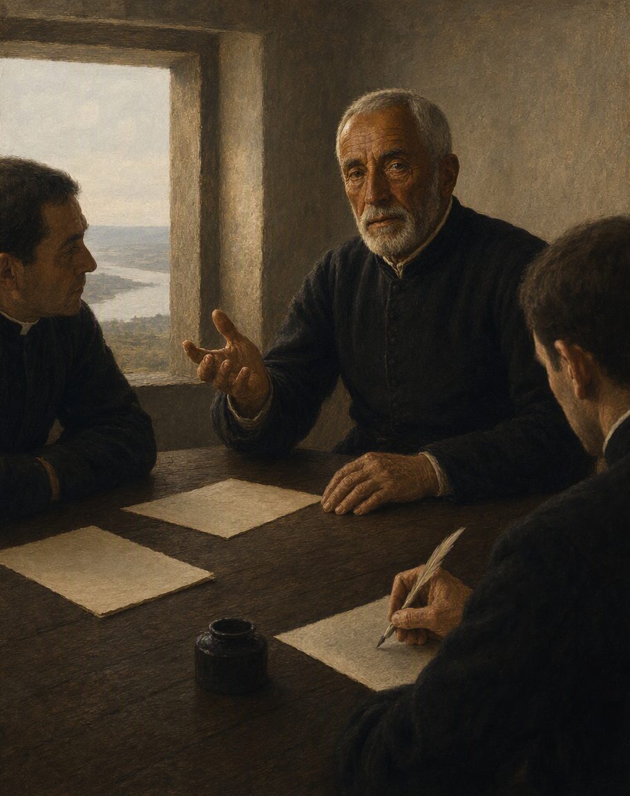 Outubro de 1582, numa quinta do Pragal, em Almada: historiadores da Companhia de Jesus foram entrevistá-lo. Não iam desmenti-lo. Iam escrever o que ele lhes dissesse. Pintura. cena evocada, não registo visual do encontro. Não se conhece retrato de Fernão Mendes Pinto: as figuras são evocações, não semelhanças.