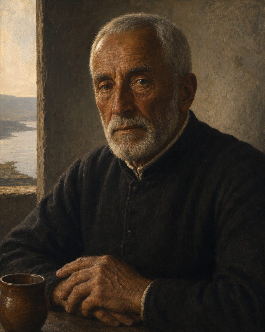 Não se conhece retrato de Fernão Mendes Pinto. Esta é uma evocação pintada: um homem com mais de setenta anos, na quinta do Pragal onde viveu os últimos anos, em frente de Lisboa. Não é fotografia nem semelhança.