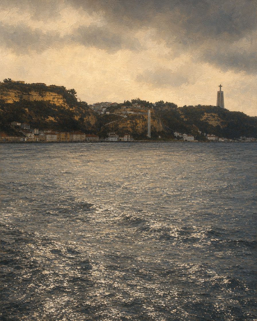 A encosta de Almada vista de Lisboa, do outro lado do Tejo. Foi deste lado que ele se instalou, numa quinta no Pragal, depois de vinte e um anos no Oriente, e foi ali que morreu, a 8 de julho de 1583. Pintura a partir de uma fotografia real de Mark Ahsmann (Wikimedia Commons, CC BY-SA 3.0), que mostra o lugar hoje; a pintura derivada segue a mesma licença.