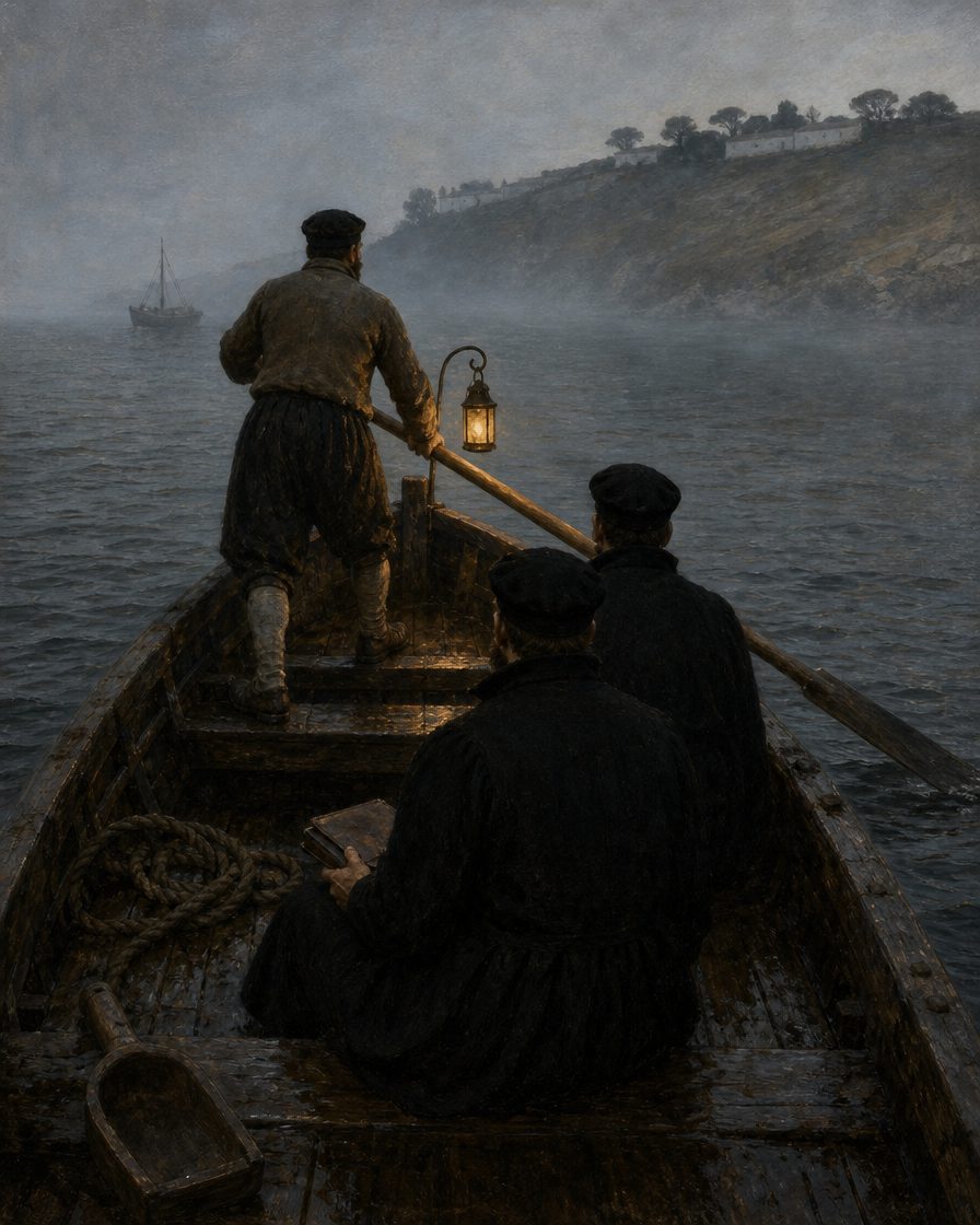 Quem o quisesse ouvir tinha de atravessar o Tejo: a quinta ficava do outro lado, no Pragal. E iam todos perguntar-lhe. Pintura. cena de época ilustrativa, não é o registo de uma travessia documentada.