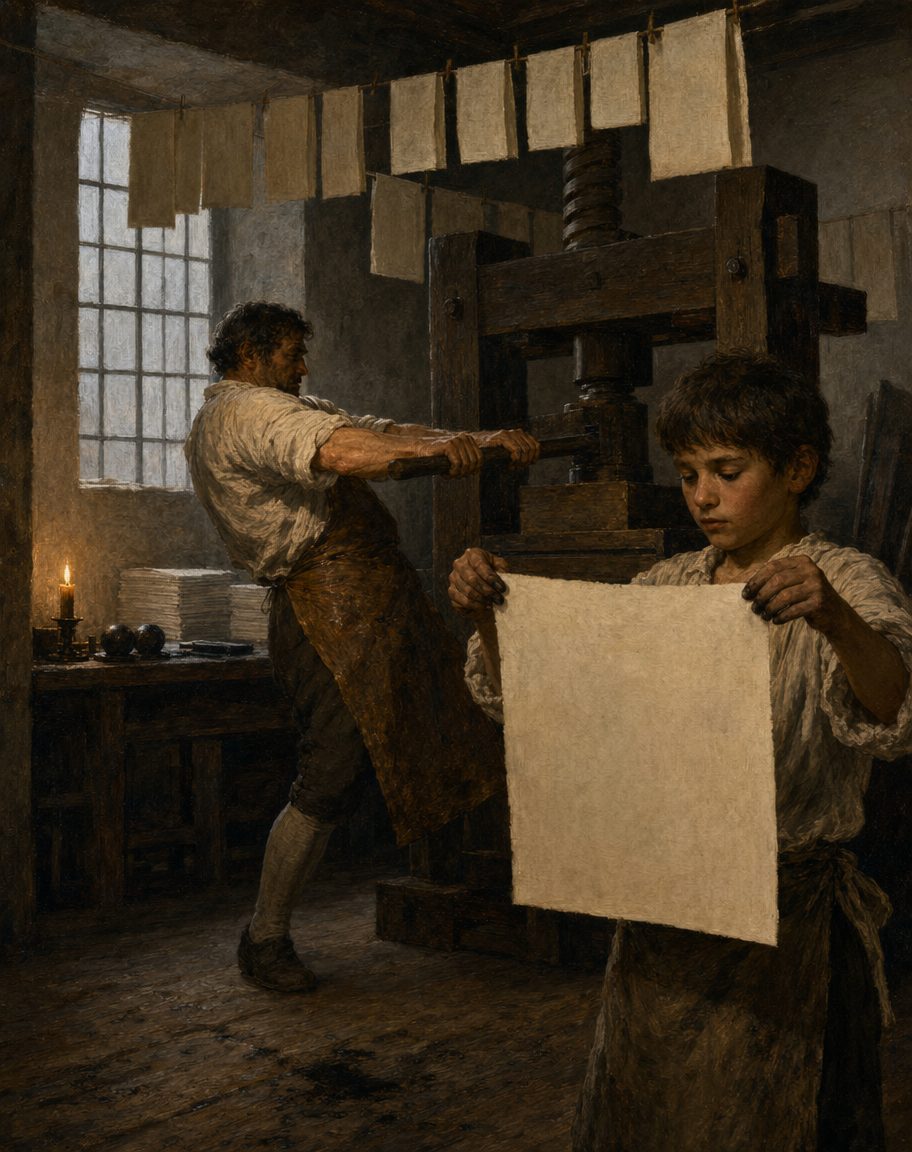 Lisboa, 1614: a «Peregrinação» sai do prelo de Pedro Crasbeeck, trinta e um anos depois da morte do autor. Pintura. cena de oficina ilustrativa. As folhas aparecem viradas do avesso de propósito: a pintura não reproduz nenhuma página da edição de 1614.