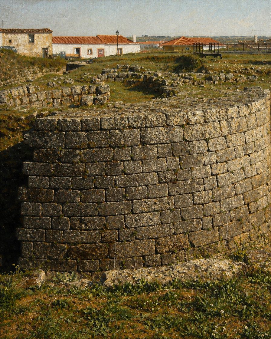 As ruínas do castelo de Almeida, hoje — destruído pela explosão do paiol de pólvora em 1810. Pintura a partir de fotografia real das ruínas, de Dinah Raphael (Wikimedia Commons, CC BY-SA 3.0).