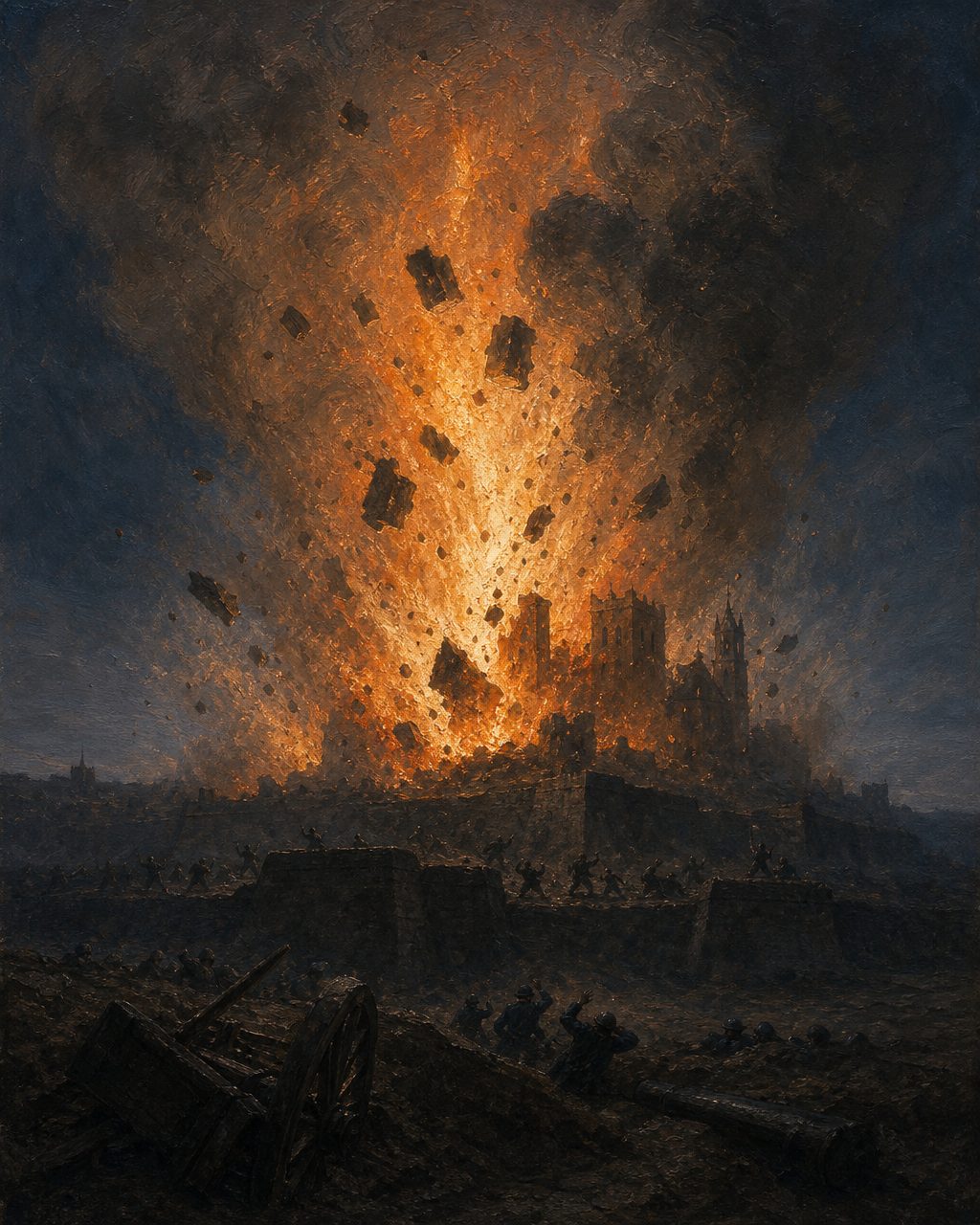 Às 19 horas de 26 de agosto de 1810, uma bomba francesa incendiou um rasto de pólvora e fez explodir o paiol principal da fortaleza de Almeida. «Em dois segundos, o castelo tinha sido varrido da existência» (Charles Oman). Pintura.