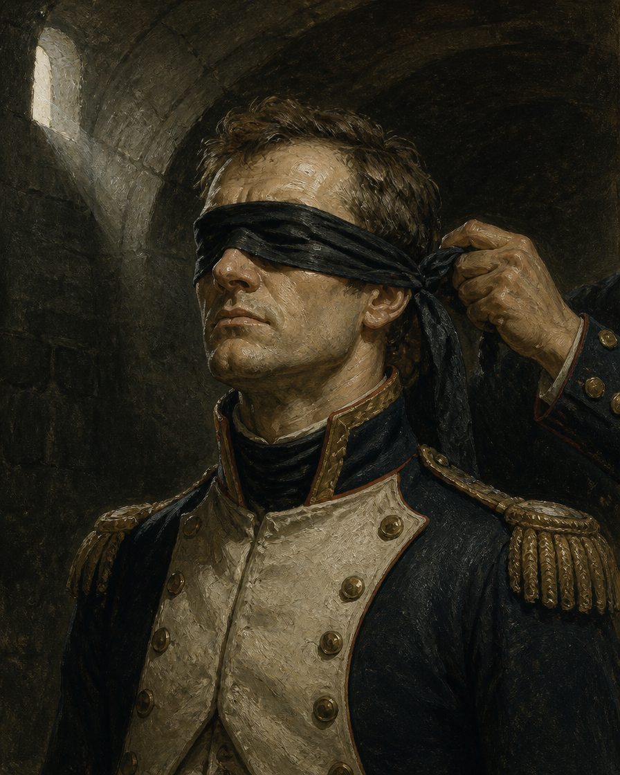 Cox mandou vendar os olhos ao enviado francês antes de o receber, para que não visse a real extensão do desastre. Pintura. evocação, não retrato.