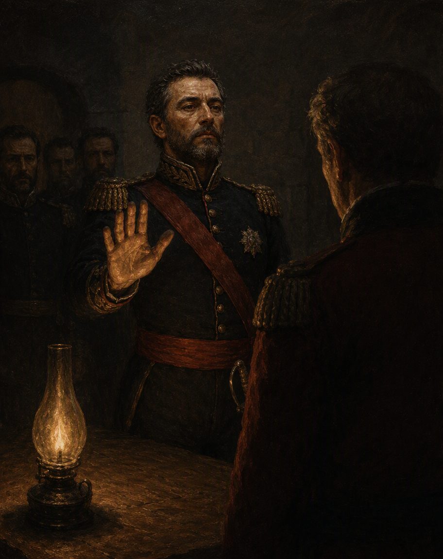 Na noite de 27 de agosto de 1810, uma delegação de oficiais liderada por Bernardo da Costa disse a Cox que se rendesse, ou abririam eles próprios os portões. Pintura a partir do retrato de img_01 (mesma personagem, dois anos mais jovem); evocação, não retrato.