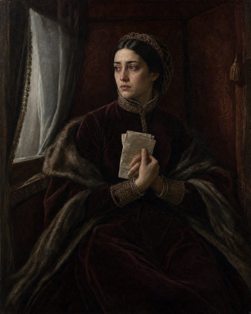 Perto da Chamusca, dois dias depois de se despedir do irmão D. João III, Isabel de Portugal, 22 anos, chora sozinha na sua liteira, relendo as cartas dele. Pintura. evocação, não retrato.