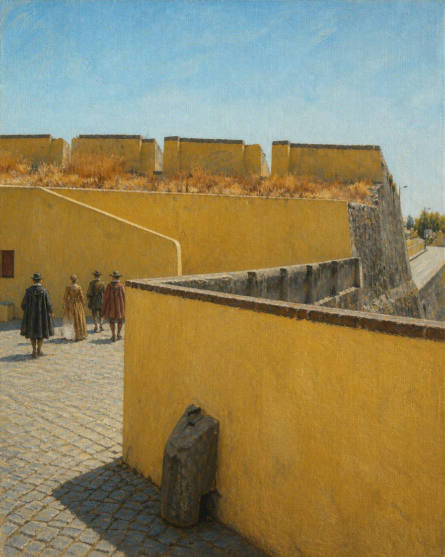 Elvas, a última grande vila portuguesa antes da fronteira: as suas fortificações, Património Mundial da UNESCO desde 2012, guardam ainda hoje a memória da passagem da comitiva, em fevereiro de 1526. Pintura a partir de fotografia real de um baluarte de Elvas, de Alessandro Bonvini (Wikimedia Commons, CC BY 2.0).