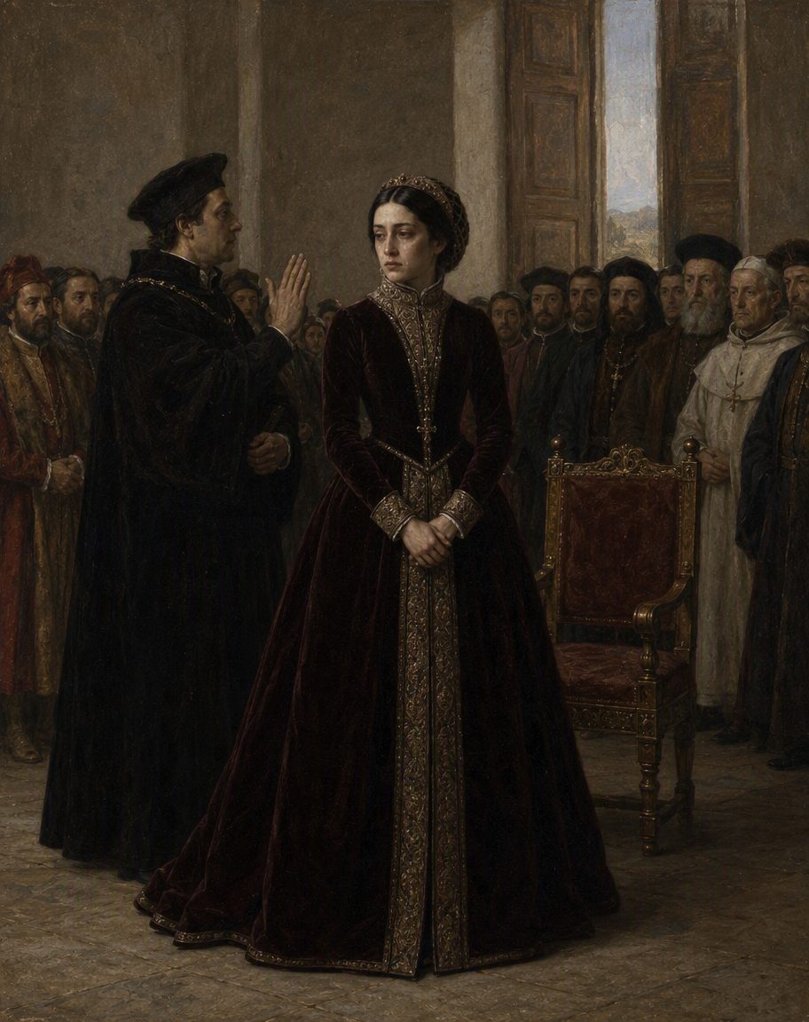 A 1 de novembro de 1525, no Paço Real de Almeirim, Isabel casou por procuração com Carlos V. O noivo nem estava presente: foi um representante quem disse o sim por ele. Pintura. evocação, não retrato.