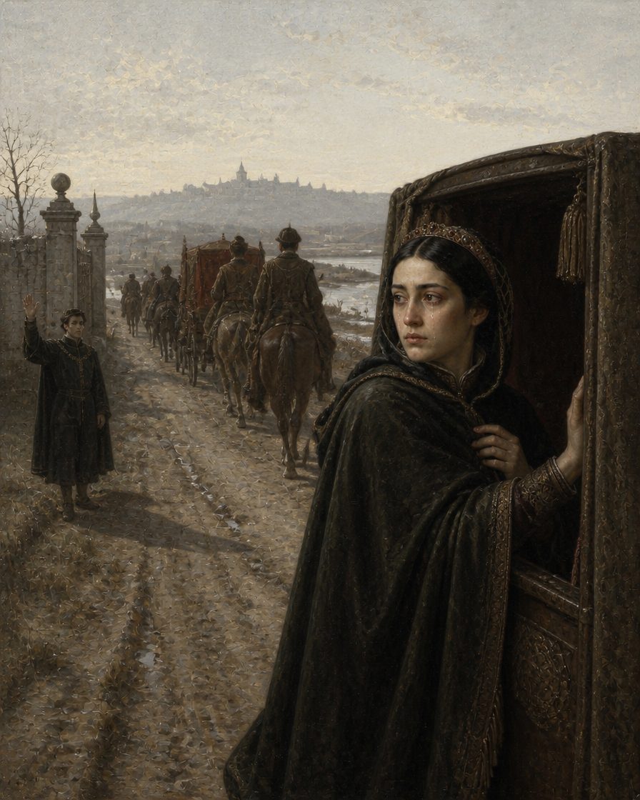A 30 de janeiro de 1526, partiu do Paço Real de Almeirim a comitiva que levaria Isabel até à fronteira. Nunca mais voltaria a Portugal. Pintura. evocação, não retrato.