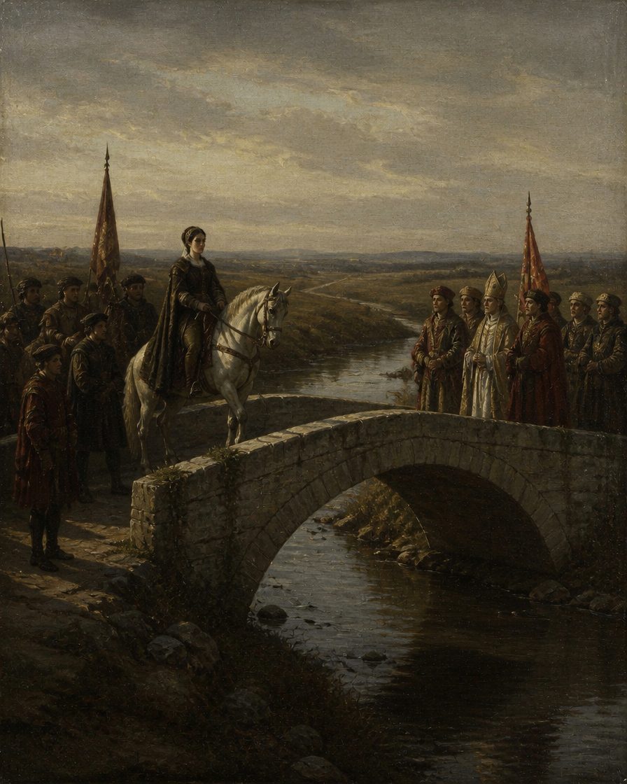 A 7 de fevereiro de 1526, junto à ponte sobre o rio Caia, cumpriu-se a entrega formal da infanta à embaixada castelhana. Do lado de cá, ainda era a infanta de Portugal. Do lado de lá, já não. Pintura. evocação, não retrato.