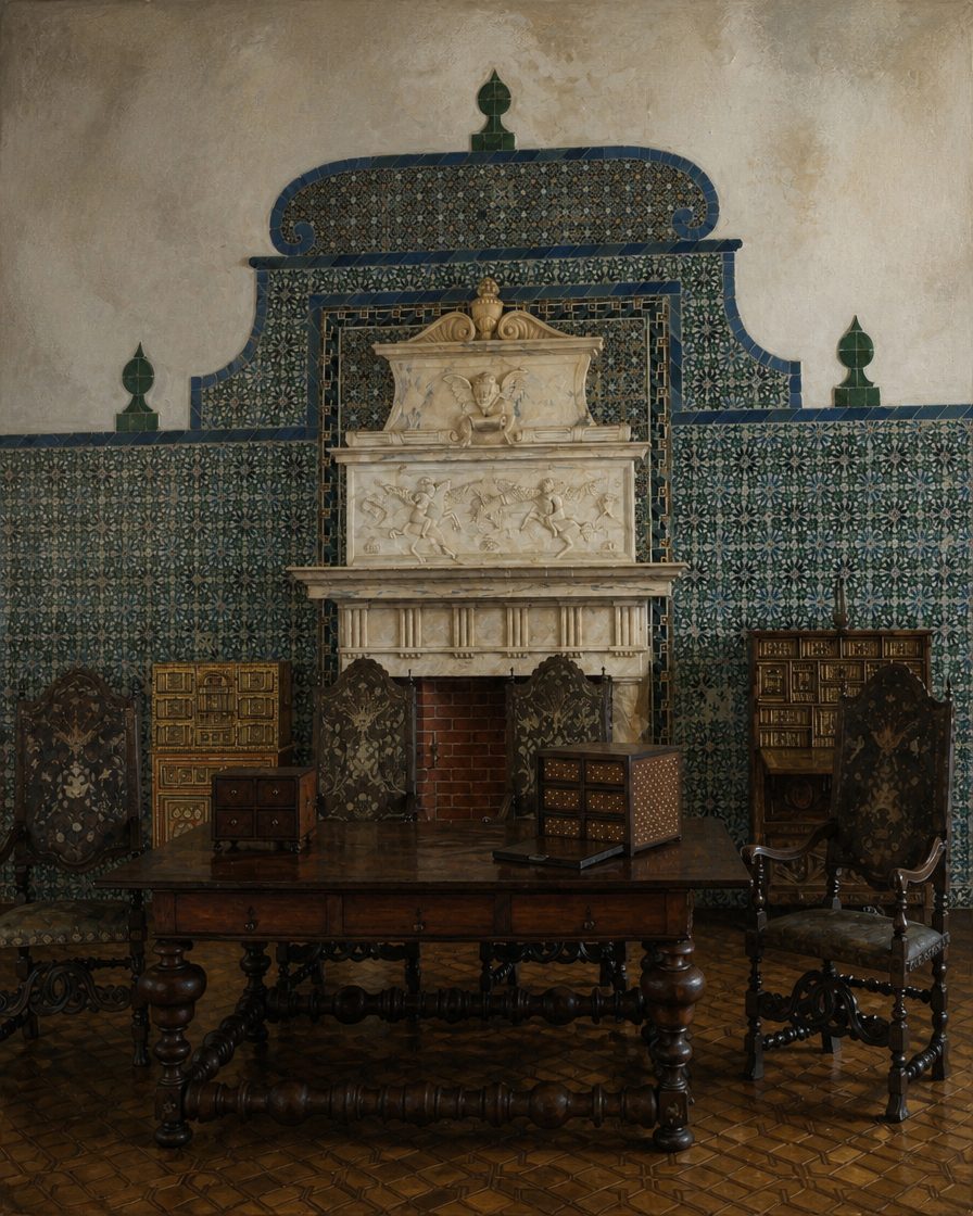 Do Paço Real de Almeirim, demolido no século XIX, quase nada sobrevive. Este fogão de mármore, oferecido pelo Papa Leão X a D. Manuel I em 1515, é uma exceção: está hoje na Sala das Pegas, no Palácio Nacional de Sintra. Pintura a partir de fotografia real do objeto, de Heribert Bechen (Wikimedia Commons, CC BY-SA 2.0).