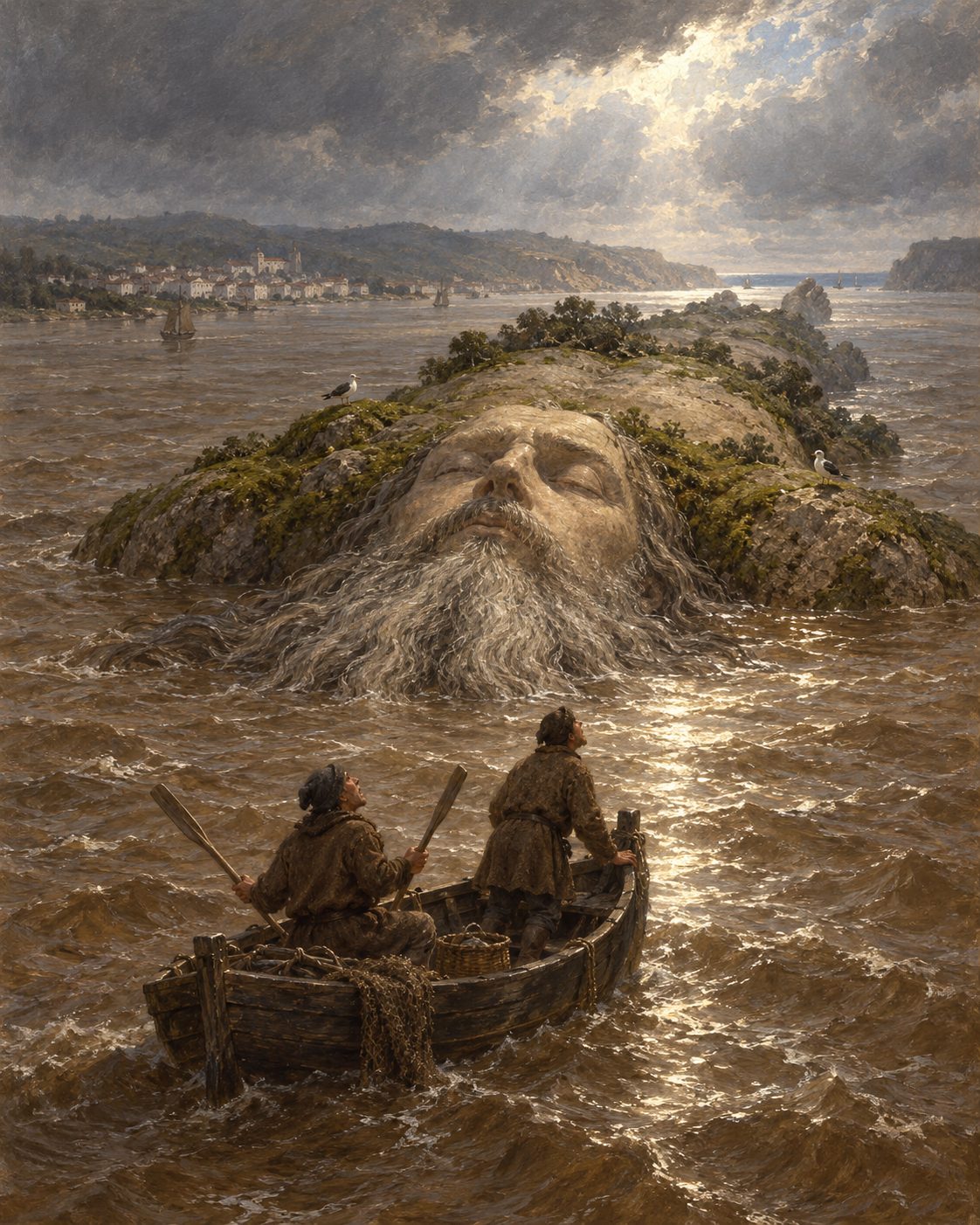 Evocação pintada da imagem de Gaspar Frutuoso nas Saudades da Terra: o corpo do gigante Almourol levado pela cheia do Tejo até ao mar, onde se faria ilha, como Frutuoso diz que «alguns mais antigos escreveram, ou, por melhor dizer, fingiram» (figuras genéricas).