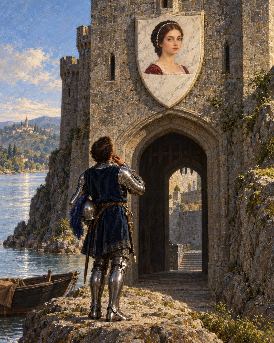 Evocação pintada do capítulo LIII do romance: o cavaleiro Florendos, à porta do castelo, diante do escudo de mármore com a imagem de Miraguarda que o gigante Almourol ali mandara pôr (figuras genéricas, não retratos).