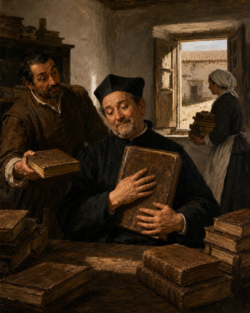 Evocação pintada de uma cena do Quixote: entre os livros do fidalgo que vão para o fogo, o padre manda que o Palmeirim de Inglaterra «se guarde y se conserve como a cosa única» (figuras genéricas, não retratos).