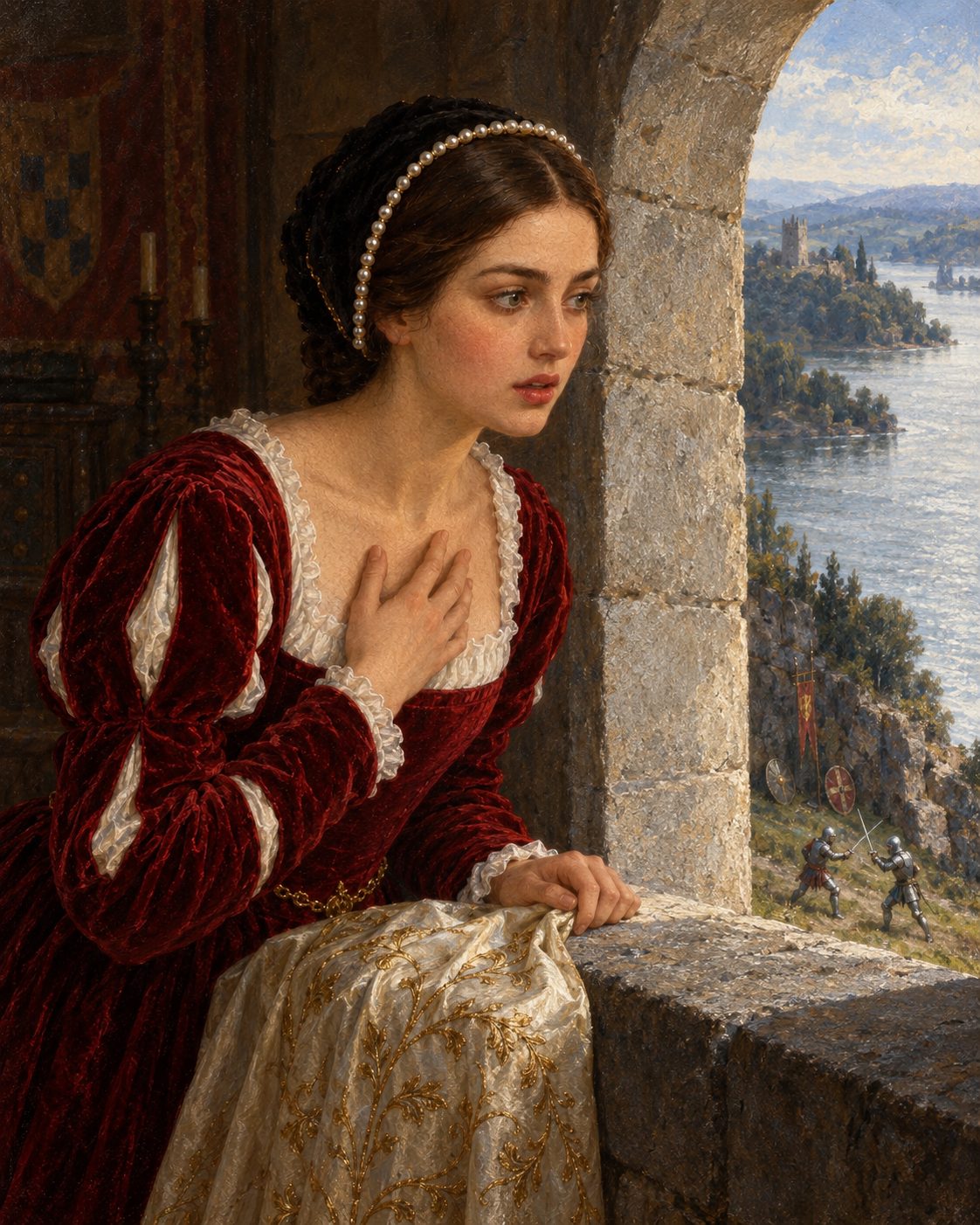 Evocação pintada de Miraguarda, a dama do Palmeirim de Inglaterra, à janela do castelo de Almourol enquanto os cavaleiros se batem lá em baixo, junto ao rio, como conta o romance de Francisco de Moraes (figuras genéricas, não retratos).
