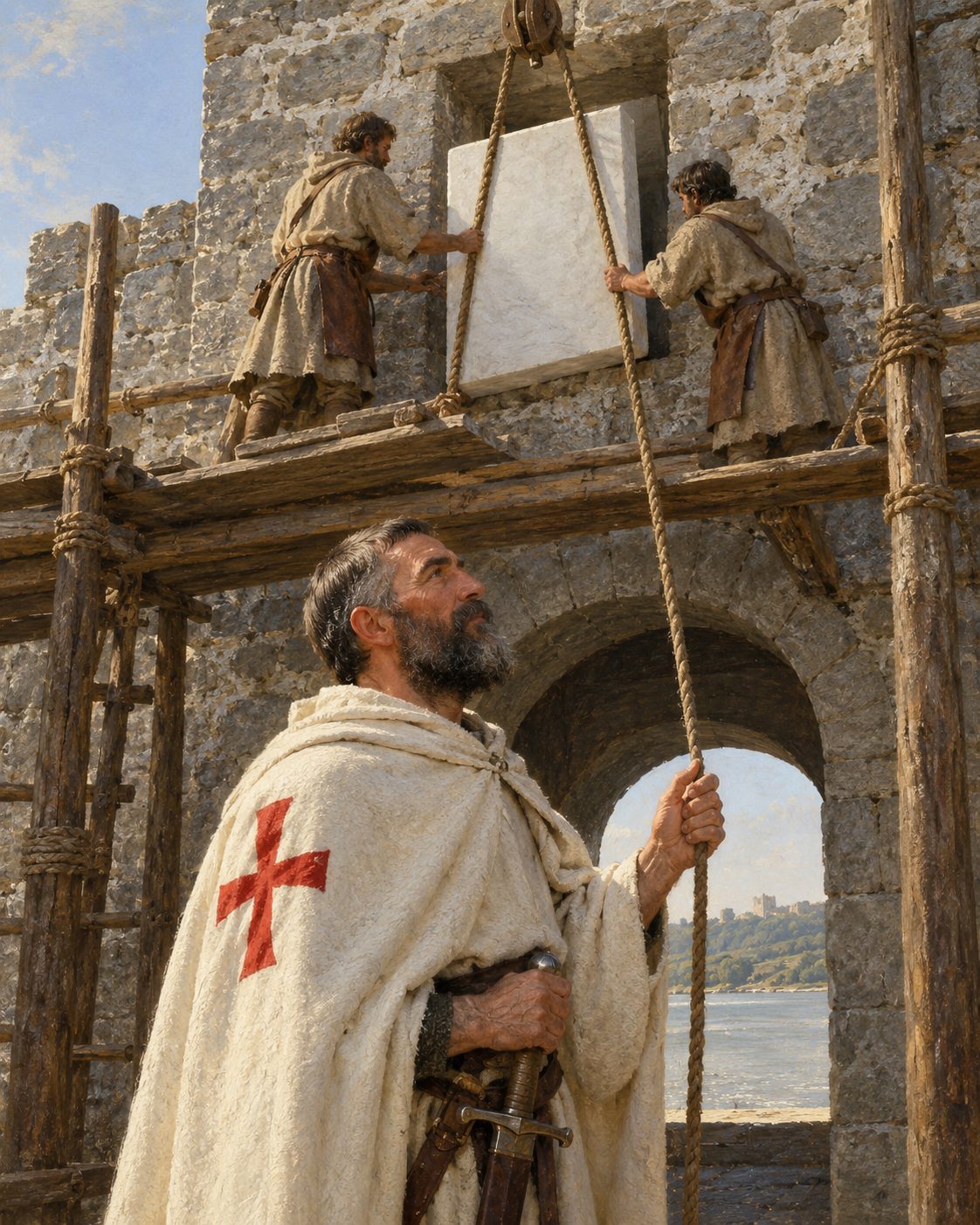 Evocação pintada das obras de 1171 em Almourol: a pedra posta sobre a porta data-as da era de 1209 e já dá nome ao castelo, quase quatro séculos antes do romance (figuras genéricas, não retratos).