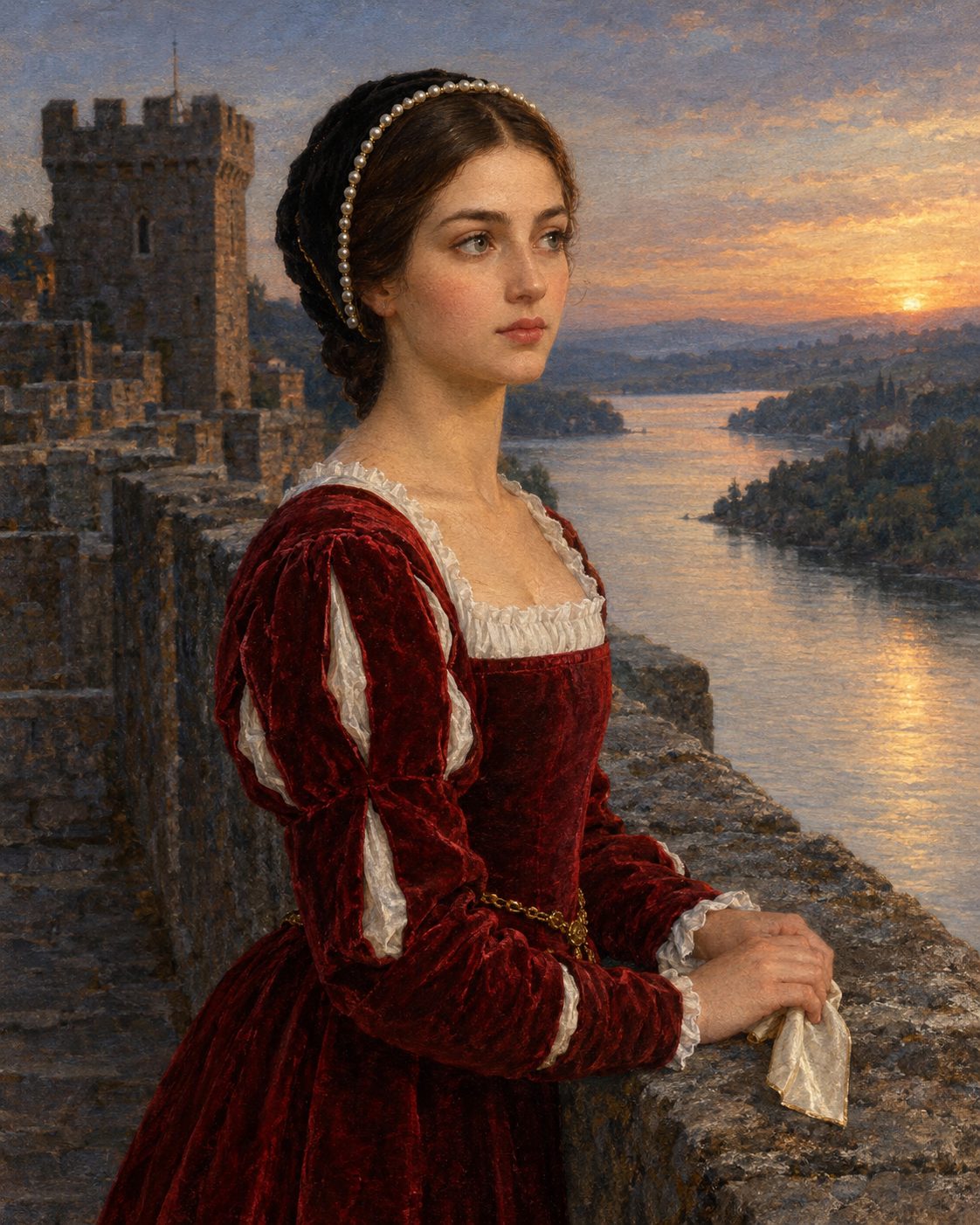 Pintura de Miraguarda, a dama que, no romance, o pai mandou guardar no castelo de Almourol para acabar com os duelos que a sua beleza causava na corte (figura genérica, não retrato).