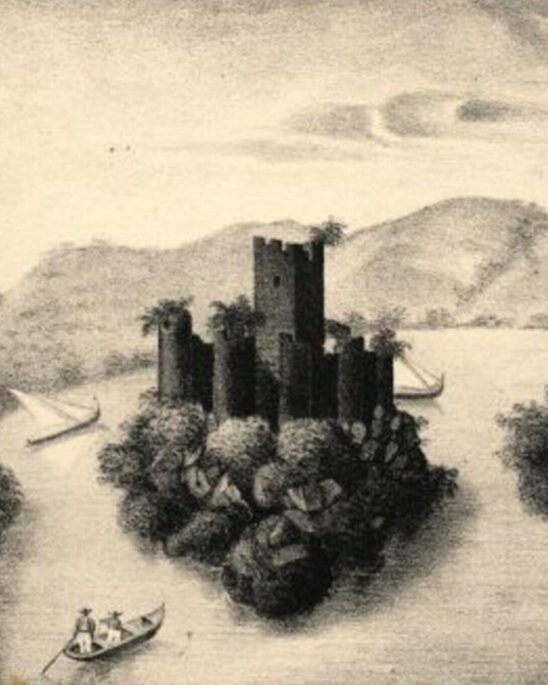 As ruínas do castelo de Almourol numa litografia do século XIX, copiada do natural pelo Conde de Mello e litografada por Franco, quando o castelo ainda não tinha as ameias regulares que hoje se lhe veem (Biblioteca Nacional de Portugal, domínio público).
