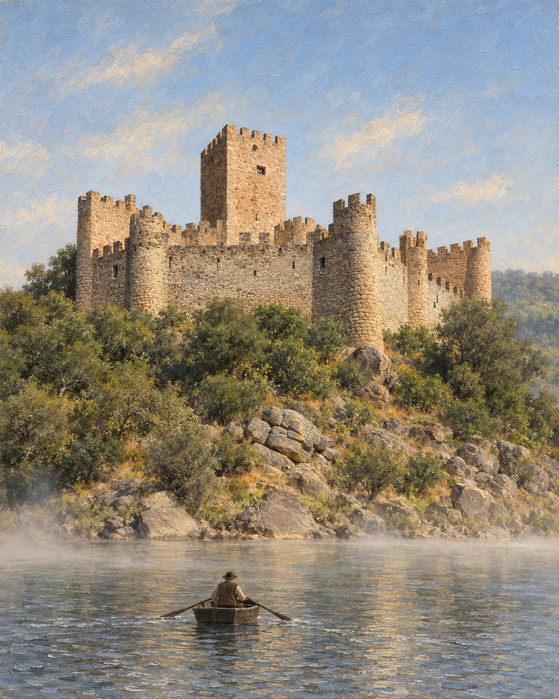 Pintura do castelo de Almourol como hoje se vê do Tejo, com o coroamento de ameias do restauro do século XIX, a partir de uma fotografia real de Jules Verne Times Two (CC BY-SA 4.0).