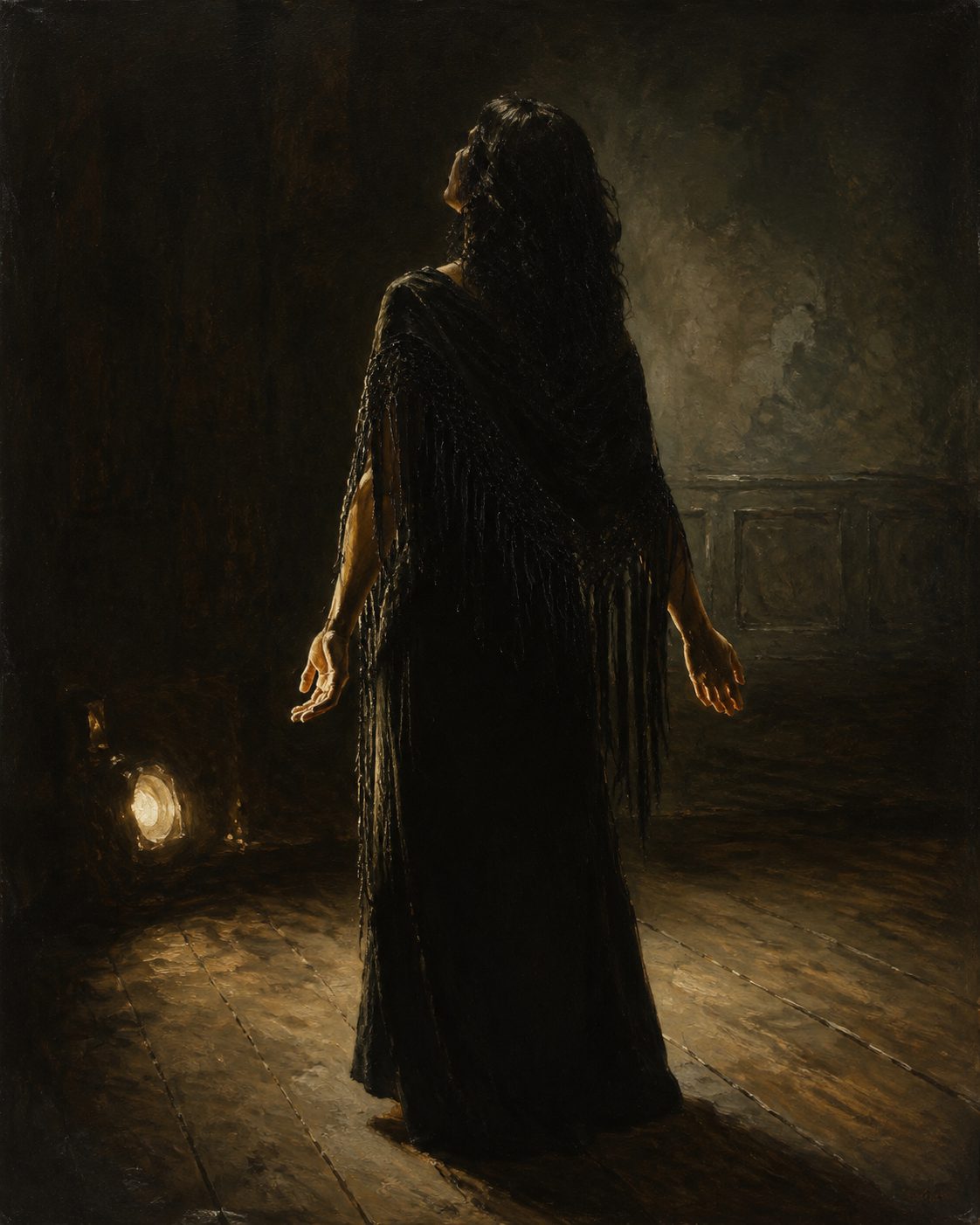 Evocação pintada de Amália Rodrigues, de costas, em palco. Estreou-se como fadista profissional em 1939, no Retiro da Severa. Figura evocada, não retrato.