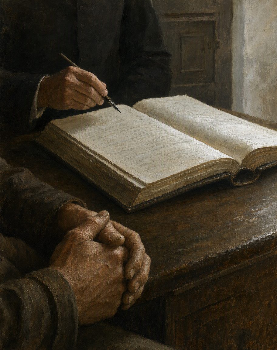 Evocação pintada da lavratura de um assento de baptismo. O de Amália é o registo n.º 53, de 6 de julho de 1921, na Igreja Matriz do Fundão. Os padrinhos não o assinaram, «por não saberem escrever».