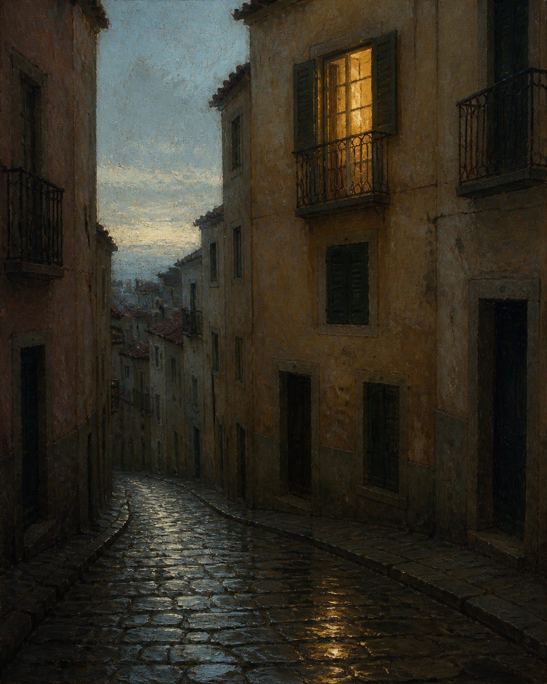 Evocação pintada de uma rua da freguesia da Pena, em Lisboa, ao romper do dia. O assento de baptismo é o único papel que dá uma hora ao nascimento: cinco da manhã.