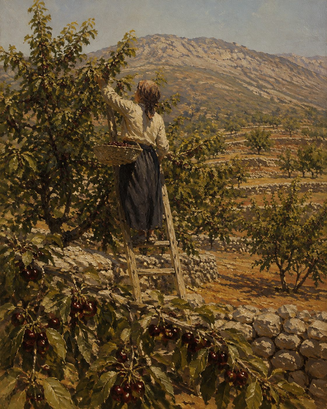 Pintura de um cerejal na Cova da Beira. A cereja é o fruto emblemático do Fundão, reconhecido pela União Europeia como Indicação Geográfica Protegida, e a campanha abre no concelho em maio. Era o calendário da família — Amália nasceu em Lisboa.