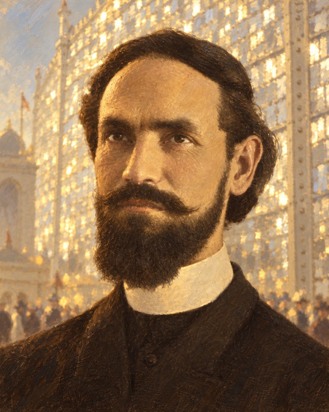 Evocação pintada do Padre Manuel António Gomes Himalaya diante dos espelhos da sua máquina, em St. Louis, feita a partir de um retrato gravado publicado na revista O Occidente.