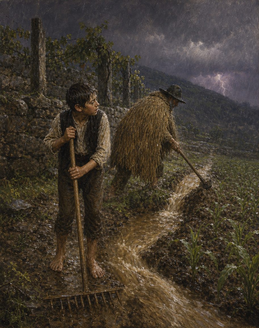 Evocação pintada de uma trovoada no Alto Minho: um lavrador leva os enxurros da serra a regar o campo, e o filho de doze anos acha que é mania. Foi assim que o Padre Himalaya contou a própria infância, em 1905.