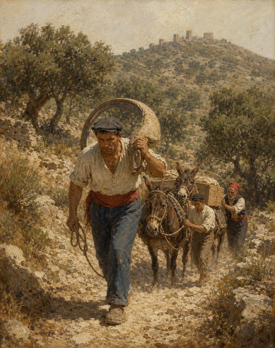 Evocação pintada do verão de 1900 em Sorède: artesãos da terra levam a máquina do Padre Himalaya monte acima, às costas de homens e de mulas, por baixo do castelo de Ultrera.
