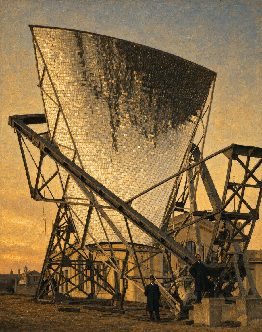 Pintura do pirelióforo na Exposição Universal de St. Louis, em 1904: treze metros de altura e 6117 espelhos pequenos numa só superfície côncava. Pintada a partir de uma fotografia da época (St. Louis Public Library).