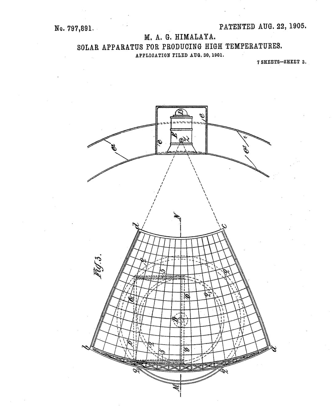 A patente americana n.º 797 891, «Solar apparatus for producing high temperatures», pedida em 1901 e concedida a 22 de agosto de 1905: a folha 3, com o espelho e o forno (United States Patent and Trademark Office, domínio público).