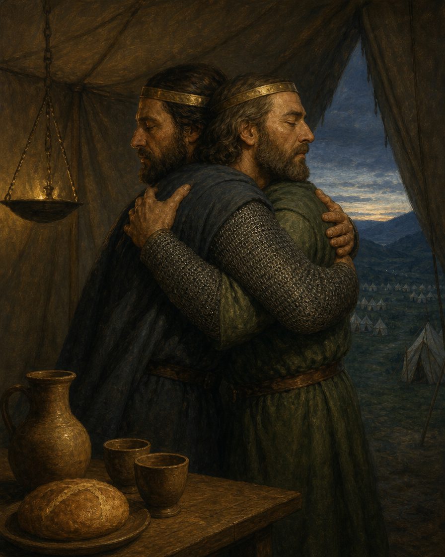 «Juntaram-se numa só tenda, beijaram-se, comeram e beberam juntos», conta a crónica portuguesa sobre os dois primos, Afonso Henriques e o imperador Afonso VII: o beijo de paz que fechou a guerra. Um vale cheio de tendas inimigas, e a paz coube numa única. Pintura. evocação, não retrato.