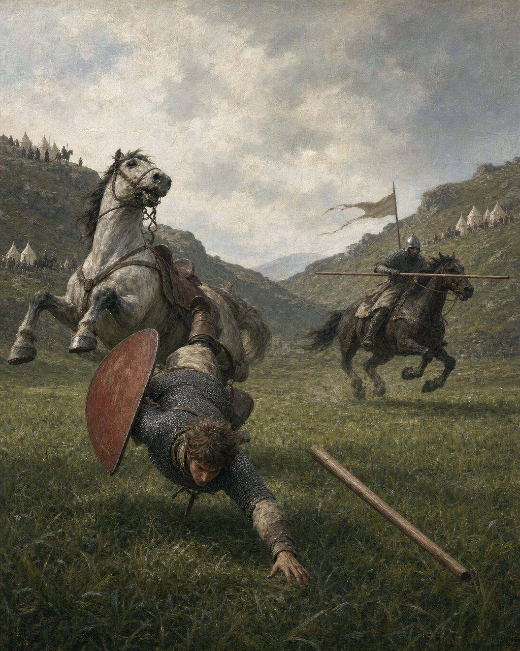 Do arraial do imperador vinham homens ao campo «para jogar», «aquilo a que o povo chama bufúrdio», conta a crónica. Um jogo a cavalo, com quedas a valer. E foi no jogo que os portugueses prenderam grandes senhores do exército imperial. Pintura.