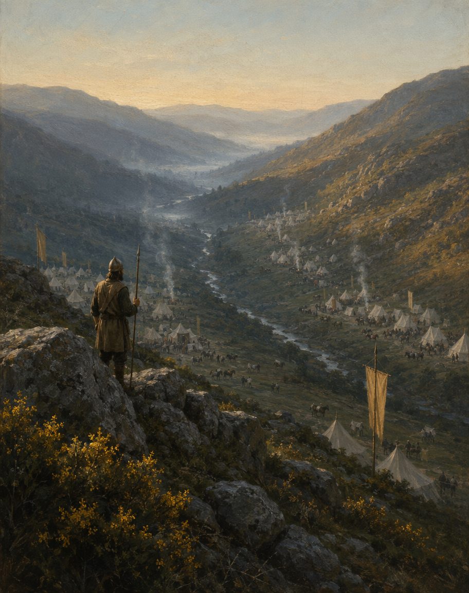 Há quase novecentos anos, dois exércitos acamparam frente a frente no vale do Vez, no Alto Minho, «estes de uma parte e aqueles da outra». Batalha, não houve nenhuma. Pintura.
