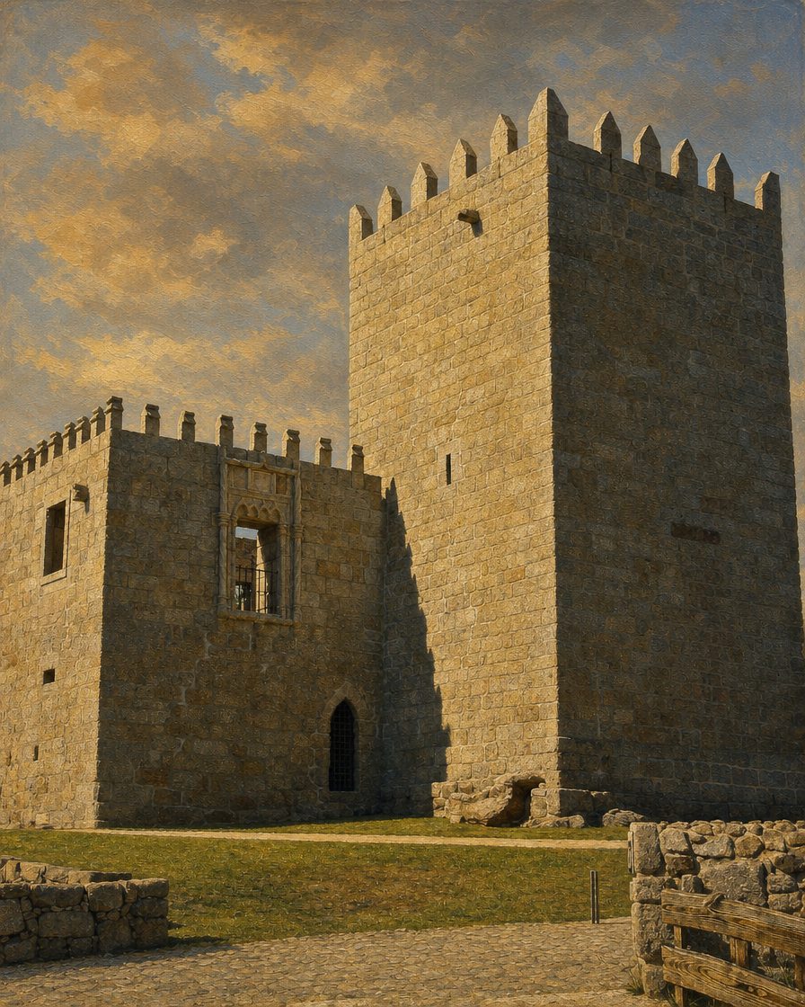 O Paço de Giela, em Arcos de Valdevez. A torre é do século XIV, posterior ao recontro, mas é hoje o palco da recriação anual de julho e dedica um piso do seu espaço museológico ao episódio. Pintura a partir de fotografia real de Vitor Oliveira (Wikimedia Commons, CC BY-SA 2.0).