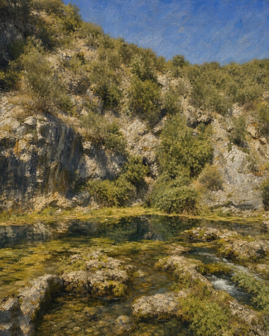 A nascente do rio Almonda, ao pé de Torres Novas, no maciço calcário onde se abre a gruta da Aroeira. Foi deste sistema de grutas que saiu o crânio humano mais antigo alguma vez encontrado em Portugal. Pintura a partir de uma fotografia real do local — foto de referência de GualdimG (CC BY-SA 4.0, via Wikimedia Commons, creativecommons.org/licenses/by-sa/4.0/). Pintura derivada partilhada sob CC BY-SA 4.0.