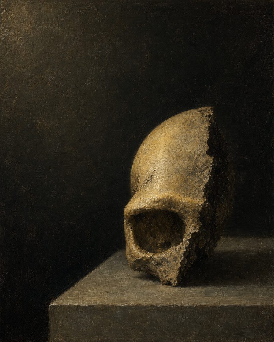 O crânio da Aroeira, com cerca de quatrocentos mil anos, é o vestígio humano mais antigo encontrado em Portugal. Esteve no Museu Nacional de Arqueologia, em Lisboa, entre 2018 e 2024, e em julho de 2024 regressou a Torres Novas, à terra onde foi encontrado. Impressão artística (não é uma fotografia do fóssil): o crânio real conserva-se apenas em parte, quase toda a metade direita da calote e um fragmento do maxilar.