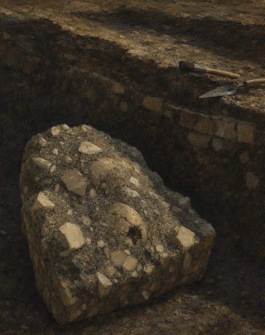 O crânio não saiu limpo da terra: apareceu preso num grande bloco de brecha, o sedimento da própria gruta endurecido como rocha ao longo dos milénios. Ilustração.